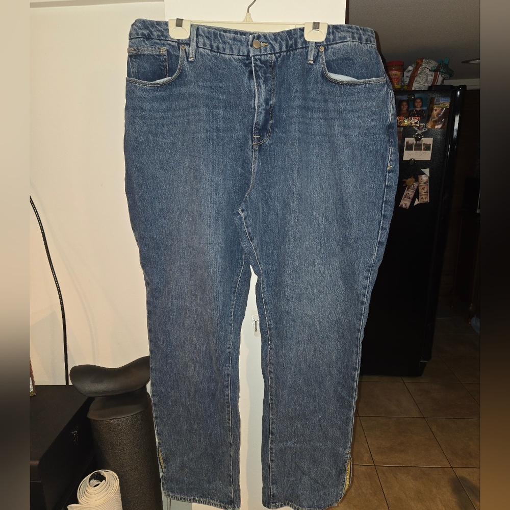 Good American Blue Straight Leg Jeans 32 Inseam Raw No Stretch